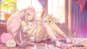 Rule 34 | 1girl, :d, asymmetrical legwear, bare shoulders, cat, chemise, colored inner hair, commentary, english commentary, full body, gem, hair over one eye, highres, hololive, hololive english, indoors, jewel under eye, knees up, koseki bijou, koseki bijou (pebble pajamas), long hair, low twintails, mask, mask on head, multicolored hair, official alternate costume, official alternate hairstyle, official art, open mouth, pebble (koseki bijou), purple eyes, purple gem, purple hair, short shorts, short sleeves, shorts, single sock, single thighhigh, sitting, sleep mask, slippers, smile, socks, solo, striped clothes, striped socks, striped thighhighs, thighhighs, twintails, uneven legwear, very long hair, virtual youtuber, white chemise, white shorts, zetsuental