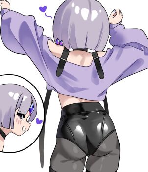 1other back black_choker blush_stickers choker commentary english_commentary forehead_jewel grey_pantyhose gurumie halter_shirt halterneck heart highres hololive hololive_english pantyhose pebble_(koseki_bijou) short_hair smile strap white_background