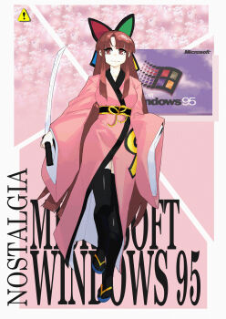 1girl 95-tan absurdres alt_text black_thighhighs bow brown_eyes brown_hair commentary english_commentary hair_bow highres holding holding_sword holding_weapon japanese_clothes katana kimono long_hair looking_at_viewer microsoft_windows os-tan pink_kimono sandals smile solo sword teku-a-fool thighhighs weapon windows_95 windows_classic