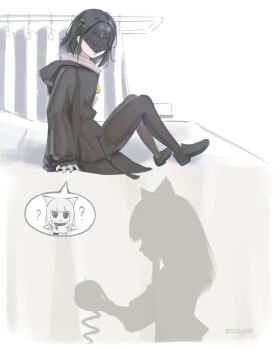 Rule 34 | 10 shii, 2girls, apple, arknights, arknights: endfield, artist name, bad apple!!, bed, black coat, black hair, black mask, coat, commentary, curtains, endministrator (arknights), english commentary, eye mask, female endministrator (arknights), food, fruit, fumo (doll), highres, infirmary, mask, multiple girls, peeling, perlica (arknights), silhouette, speech bubble, spoken character, touhou, twitter username