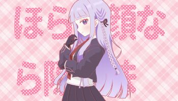 Rule 34 | 1girl, black gloves, black jacket, black ribbon, black skirt, blush, braid, closed mouth, collared shirt, commentary request, danganronpa: trigger happy havoc, danganronpa (series), derivative work, food, from side, gloves, hair ribbon, hand up, happy mille-feuille (idolmaster), highres, holding, holding food, idolmaster, jacket, kirigiri kyoko, long hair, long sleeves, looking at viewer, misa (usaginosakura), necktie, open clothes, open jacket, parody, pleated skirt, red necktie, ribbon, shirt, skirt, smile, solo, white shirt