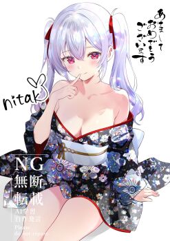 1girl bare_shoulders blush breasts character_name closed_mouth commentary_request cowboy_shot finger_to_mouth floral_print floral_print_kimono hair_between_eyes hand_up highres iriam iridescent_clothes iridescent_hair japanese_clothes kimono kimono_partially_removed long_hair long_sleeves looking_at_viewer medium_breasts nitak_(iriam) nta_(n_tan2) pink_eyes print_kimono simple_background sitting smile solo twintails virtual_youtuber white_background white_hair