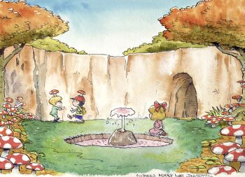 1girl 2boys akahanadragon backpack bag baseball_cap blonde_hair bow cave dress formal_clothes from_side full_body glasses grass hair_bow hat jeff_andonuts looking_at_another mother_(series) mother_2 multiple_boys mushroom mushroom_on_head ness_(mother_2) nintendo outdoors paula_(mother_2) shirt shoes shorts sitting sneakers sprout striped_clothes striped_shirt suit tree