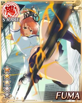 Rule 34 | 1girl, aura, blue necktie, blue skirt, breasts, brown eyes, building, card (medium), chain, character name, city, cityscape, dual wielding, fuma (senran kagura), fuuma shuriken, game cg, hair ribbon, hanzou academy school uniform, holding, holding shuriken, holding weapon, large breasts, leg up, loafers, medium hair, navel, necktie, non-web source, official alternate costume, official art, open mouth, orange hair, pleated skirt, ribbon, scarf, school uniform, senran kagura, senran kagura new wave, shoes, short hair, shuriken, skirt, skyscraper, solo, thighhighs, topknot, weapon, white ribbon, yellow scarf