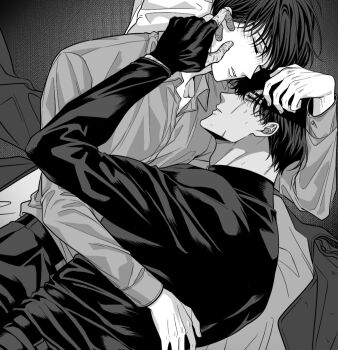 2boys arm_around_waist black_coat black_eyes black_gloves black_hair coat collared_shirt commentary_request crew_neck fingerless_gloves gloves grey_shirt greyscale half-closed_eyes hand_on_another&#039;s_chin hand_on_another&#039;s_head hug jacket kim_dokja korean_commentary looking_at_another lying maga_mok23 male_focus monochrome multiple_boys multiple_scars omniscient_reader&#039;s_viewpoint on_side scar scar_across_eye scar_on_face scar_on_hand secretive_plotter shirt short_hair unworn_jacket yaoi yoo_joonghyuk