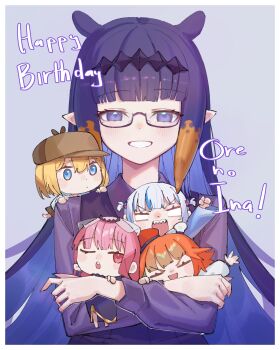 5girls :d absurdres black_vest blunt_bangs border chibi collared_shirt commentary english_commentary english_text gawr_gura gawr_gura_(1st_costume) glasses gradient_hair grey_background grin happy_birthday highres hololive hololive_english holomyth long_hair looking_at_viewer mole mole_under_eye mori_calliope mori_calliope_(1st_costume) multicolored_hair multiple_girls ninomae_ina'nis open_mouth orange_hair outside_border pointy_ears purple_eyes purple_hair purple_shirt romaji_commentary romaji_text semi-rimless_eyewear shirt sidelocks simple_background smile straight_hair takanashi_kiara takanashi_kiara_(1st_costume) tentacle_hair tentacleluver under-rim_eyewear upper_body very_long_hair vest virtual_youtuber watson_amelia watson_amelia_(1st_costume) white_border