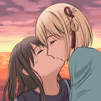Rule 34 | black hair, black shirt, blonde hair, blue shirt, closed eyes, commentary, dusk, hair ribbon, hashtag-only commentary, highres, horizon, inoki lycoreco, inoue takina, kiss, lesbian flag, long hair, lycoris recoil, nishikigi chisato, ocean, one side up, outdoors, red ribbon, ribbon, shirt, short hair, sunset, tears, yuri