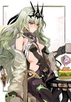 2girls bare_shoulders birthday_cake black_dress black_gloves black_tiara breasts cake coat coffee_mug commentary_request cup dress earrings elysia_(honkai_impact) elysia_(miss_pink_elf)_(honkai_impact) food gloves green_hair grey_coat highres holding holding_cup honkai_(series) honkai_impact_3rd jewelry long_hair mobius_(honkai_impact) mug multiple_girls one_eye_closed revealing_clothes slit_pupils small_breasts tiara uruzu very_long_hair