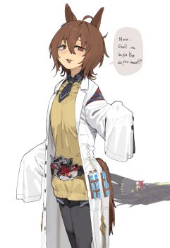 Rule 34 | 2girls, absurdres, agnes tachyon (umamusume), animal ears, belt, black belt, black coat, black gloves, black necktie, black pantyhose, black shirt, black skirt, brown hair, coat, collared shirt, double driver, furrowed brow, gloves, hair between eyes, hand up, hem peeking out, highres, horse ears, horse girl, horse tail, kamen rider, kamen rider w, lab coat, long sleeves, lonklink, looking at viewer, lying, manhattan cafe (creeping shadow) (umamusume), manhattan cafe (umamusume), medium hair, multiple girls, necktie, on back, on ground, open clothes, open coat, open mouth, pantyhose, pleated skirt, red eyes, rider belt, shirt, short necktie, skirt, sleeves past fingers, sleeves past wrists, smile, solo focus, speech bubble, sweater, tail, umamusume, white coat, yellow necktie, yellow sweater