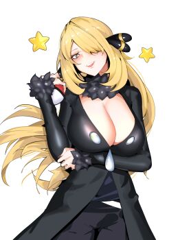 1girl absurdres arm_under_breasts black_pants blonde_hair breasts cleavage cowboy_shot cynthia_(pokemon) fur_collar fur_trim grey_eyes grin hair_over_one_eye highres holding holding_poke_ball khrnnfz large_breasts long_hair looking_at_viewer nintendo pants parted_lips poke_ball poke_ball_(basic) pokemon pokemon_dppt simple_background smile solo very_long_hair white_background