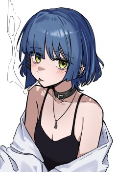 1girl bare_shoulders black_camisole black_choker blue_hair bocchi_the_rock! breasts camisole choker cigarette commentary ear_piercing green_eyes guwall highres jewelry looking_at_viewer mouth_hold necklace off_shoulder piercing shirt short_hair simple_background small_breasts smoke smoking solo upper_body white_background white_shirt yamada_ryo