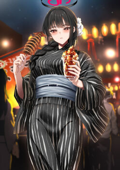 1girl alternate_costume black_hair blue_archive blush breasts bright_pupils cup festival food hair_ornament hairclip halo highres holding holding_cup holding_food holding_skewer japanese_clothes kimono kyogoku_shin large_breasts long_hair looking_at_viewer millennium_science_school_logo night obi red_eyes rio_(blue_archive) sash skewer solo squid summer_festival very_long_hair white_pupils yukata