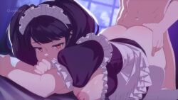 1boy 1girl animated apron artist_name ass black_hair breasts breasts_out brown_eyes clothed_female_nude_male doggystyle dress frilled_apron frilled_dress frilled_headwear frilled_sleeves frills grabbing_another's_ass groping hetero highres indoors kawakami_sadayo large_areolae large_breasts lechery_amore_(voice_actor) maid maid_apron maid_headdress nipples nude on_bed opennsfwsp penis persona persona_5 pov pov_crotch puffy_short_sleeves puffy_sleeves sex sex_from_behind short_sleeves sound tagme thighhighs twintails uncensored vaginal video watermark white_apron white_thighhighs