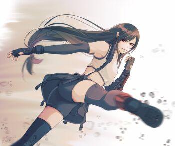 1girl ass bare_shoulders bike_shorts bike_shorts_under_skirt black_gloves black_hair black_skirt black_thighhighs boots bracelet breasts clenched_hand closed_mouth commentary crop_top debris elbow_gloves english_commentary fighting_stance final_fantasy final_fantasy_vii final_fantasy_vii_remake fingerless_gloves floating_hair foot_out_of_frame gloves highres jewelry kicking long_hair looking_at_viewer low-tied_long_hair medium_breasts mixmomo_yah motion_blur red_boots red_eyes serious skirt solo standing standing_on_one_leg suspender_skirt suspenders tank_top thighhighs tifa_lockhart white_tank_top