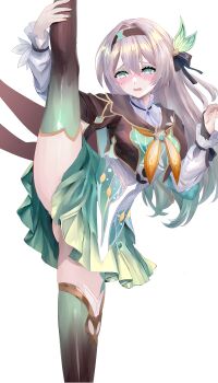 1girl black_hairband black_ribbon black_thighhighs blush convenient_censoring crossed_bangs embarrassed firefly_(honkai:_star_rail) gradient_hair gradient_thighhighs green_eyes green_hair green_skirt green_thighhighs grey_hair grey_shirt hair_between_eyes hair_intakes hair_ribbon hairband highres honkai:_star_rail honkai_(series) leg_lift leg_up long_hair long_sleeves miniskirt miyashirokiyu multicolored_hair pleated_skirt ribbon shirt simple_background skirt solo split standing standing_on_one_leg standing_split thighhighs wavy_mouth white_background