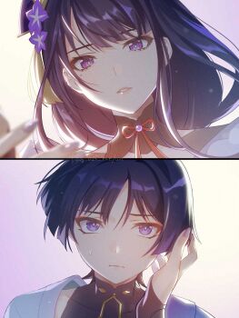 1boy 1girl artist_name asymmetrical_sidelocks black_bodysuit black_hair blunt_bangs blunt_ends bodysuit bridal_gauntlets bright_pupils closed_mouth covered_collarbone eyelashes eyeliner eyeshadow fan_hair_ornament fingernails flower furrowed_brow genshin_impact hag_(hag_015) hair_flower hair_ornament highres lipgloss lips looking_at_viewer makeup mandarin_collar mole mother_and_son multicolored_hair open_hand parted_lips pink_eyes purple_flower purple_hair purple_nails purple_sleeves raiden_shogun red_eyeliner red_eyeshadow red_ribbon ribbon sanpaku scaramouche_(genshin_impact) sharp_fingernails shoulder_peek shrug_(clothing) sidelocks split_screen streaked_hair sweatdrop tassel tassel_hair_ornament unsure wanderer_(genshin_impact) white_background white_mouth white_pupils white_sleeves