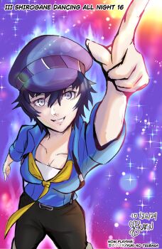 Rule 34 | 1girl, arm up, black pants, blue hair, blue hat, blue shirt, commentary, dated, english commentary, english text, hair between eyes, hat, highres, index finger raised, kaen (yoltablaze), looking at viewer, necktie, pants, persona, persona 4: dancing all night, persona dancing, reverse trap, shirogane naoto, shirt, short hair, signature, smile, solo, suspenders, yellow necktie