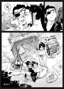 Rule 34 | 1boy, 3girls, black hair, blush, bonfire, breasts, cave, dried fish, eyepatch, greyscale, highres, ichiren takushou, kiss, kissing cheek, large breasts, monochrome, multiple girls, oni, original, paper, scar, scar on face