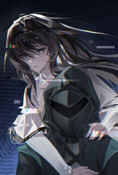 1girl 1other absurdres arknights behind_another black_eyes black_hair black_hairband black_jacket chromatic_aberration commentary doctor_(arknights) floating_hair glitch hair_between_eyes hairband hand_on_another's_chest hand_on_another's_shoulder highres hood hood_up hooded_jacket hundun_hdun jacket light_particles long_hair long_sleeves parted_lips priestess_(arknights) shirt symbol-only_commentary white_shirt
