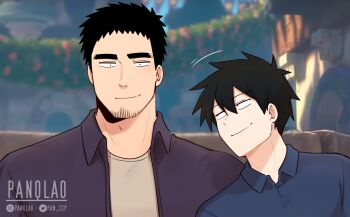 2boys black_hair collared_shirt facial_hair goatee highres kazama_souta mature_male multiple_boys muscular muscular_male notice_lines panqlao photo_background scene_reference senpai_ga_uzai_kouhai_no_hanashi shirt short_hair signature smile smirk stubble takeda_harumi tangled thick_eyebrows