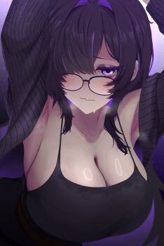 1girl armpits arms_up black-framed_eyewear black_cardigan black_dress black_hair blush breasts cardigan cleavage closed_mouth colored_inner_hair commentary dress english_commentary glasses goddess_of_victory:_nikke hair_over_one_eye highres inxzia label_(nikke) large_breasts long_hair looking_at_viewer mojyo multicolored_hair purple_eyes purple_hair ring_light_reflection solo steam steaming_body sweat two-tone_hair wet wet_clothes