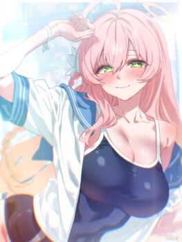 1girl blue_archive blue_one-piece_swimsuit blush breasts cleavage closed_mouth collarbone green_eyes hair_between_eyes halo hanako_(blue_archive) highres itsk_ne large_breasts long_hair looking_at_viewer one-piece_swimsuit open_clothes open_shirt pink_hair pink_halo shirt smile solo swimsuit white_shirt