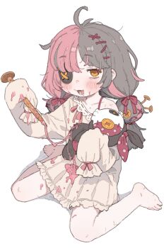 1girl barefoot barong_(trickcal) black_hair commentary eyepatch highres low_twintails multicolored_hair open_mouth orange_eyes pink_hair possummachine simple_background sitting sleeves_past_fingers sleeves_past_wrists solo split-color_hair trickcal twintails two-tone_hair white_background