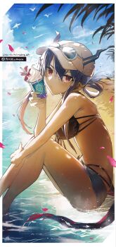 1girl absurdres arknights baseball_cap beach bikini black_bikini blue_hair blue_shorts breasts ch'en_(arknights) ch'en_the_holungday_(arknights) character_name dragon_girl dragon_horns dragon_tail eyewear_on_headwear food hat highres holding holding_food holding_ice_cream horns horns_through_headwear ice_cream kodama_masaki looking_at_viewer medium_breasts official_alternate_costume outdoors red_eyes revision sand shorts sitting soaking_feet solo sunglasses swimsuit tail tree twitter_username water