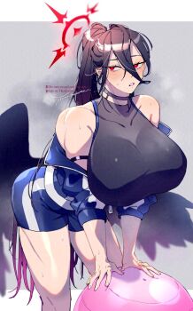 1girl armband ball bent_over blue_archive breasts collar detached_collar exercise_ball gram_quartz hair_between_eyes halo hasumi_(blue_archive) hasumi_(track)_(blue_archive) highres jersey large_breasts long_hair open_mouth ponytail red_eyes see-through_cleavage see-through_clothes short_shorts shorts steaming_body sweatdrop very_long_hair wings