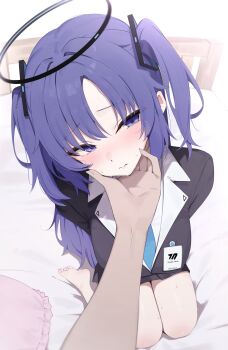 1boy 1girl blue_archive blue_eyes blush closed_mouth from_above halo hand_on_another's_face hashtag-only_commentary highres nenight on_bed pov school_uniform solo_focus twintails yuuka_(blue_archive)