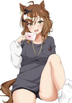 1girl :d ahoge animal_ears black_shirt black_shorts blonde_hair breasts brown_hair chain chain_necklace collarbone commentary_request ear_ornament envelope fang feet hair_ornament hairclip heart highres holding holding_envelope horse_ears horse_girl horse_tail jewelry jungle_pocket_(umamusume) long_sleeves looking_at_viewer medium_breasts medium_hair necklace notched_ear open_mouth pocket ryochapu shirt shorts simple_background sitting smile socks solo tail umamusume v-shaped_eyebrows white_background white_socks