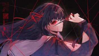 1girl arm_cutout bad_id bad_twitter_id black_hair black_shirt chisa_(wuthering_waves) closed_mouth clothing_cutout commentary from_side hair_ribbon highres holding holding_scissors long_hair long_sleeves looking_at_viewer lt26 portrait red_eyes red_ribbon ribbon sailor_collar scissors shirt sideways_glance solo symbol-only_commentary tacet_mark_(wuthering_waves) white_sailor_collar wuthering_waves