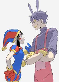 1boy 1girl :d animal_ears asymmetrical_gloves bad_id bad_pixiv_id black_eyes black_hair blue_bodysuit blue_eyes blue_gloves blue_hat bodysuit breasts buttons circle_facial_mark clenched_teeth colored_sclera colored_teeth cowboy_shot crossed_arms extra_ears fewer_digits film_grain from_side gloves grey_background grin hand_on_own_hip hand_up hat hat_bell height_difference highres humanization inactive_account jax_(the_amazing_digital_circus) jester jester_cap male_focus mismatched_gloves multicolored_bodysuit multicolored_eyes one_eye_closed open_mouth overalls pink_overalls pomni_(the_amazing_digital_circus) profile puffy_short_sleeves puffy_sleeves purple_hair purple_sweater rabbit_boy rabbit_ears red_bodysuit red_eyes red_gloves red_hat short_hair short_sleeves sideways_mouth simple_background small_breasts smile sonokare standing striped_clothes striped_hat striped_headwear sweater teeth the_amazing_digital_circus turtleneck turtleneck_sweater two-tone_bodysuit two-tone_eyes two-tone_hat two-tone_headwear v-shaped_eyebrows vertical-striped_bodysuit vertical-striped_clothes vertical-striped_headwear very_short_hair yellow_gloves yellow_sclera yellow_teeth