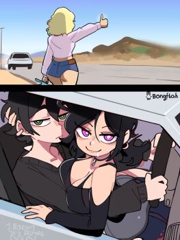 1boy 2girls 2koma absurdres andrew_graves arm_behind_head ashley_graves black_hair black_sweater blonde_hair bongftah bra_strap breasts car comic commentary denim denim_shorts desert driving green_eyes highres hitchhiking implied_incest incest looking_at_viewer medium_hair motor_vehicle multiple_girls pink_eyes pink_shirt real_life sabrina_carpenter saliva shirt short_shorts shorts siblings simulated_facial sitting sitting_on_lap sitting_on_person smile smug steering_wheel suggestive_fluid sweater symbol-only_commentary the_coffin_of_andy_and_leyley thumbs_up