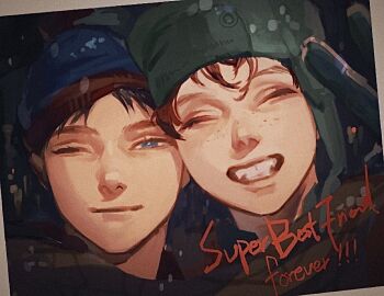 2boys ;) ^_^ beanie black_hair blue_eyes blue_hat bright_pupils brown_hair closed_eyes closed_mouth commentary english_commentary english_text facing_viewer freckles friends gloves green_hat grin hat heads_together kyle_broflovski light_smile looking_at_viewer male_focus multiple_boys narrowed_eyes nose one_eye_closed photo_(object) portrait short_bangs side-by-side silverlilii smile south_park stan_marsh teeth ushanka v white_pupils