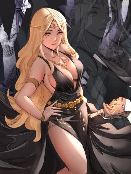 1girl absurdres armlet bare_shoulders belt black_dress bracelet breasts circlet cleavage commentary dress elden_ring gold_armlet gold_belt gold_bracelet gold_circlet gold_embroidery gold_necklace hammer hand_on_own_hip highres holding holding_hammer jewelry large_breasts mature_female metal_belt mole mole_under_eye multiple_views necklace notgustiarp queen queen_marika_the_eternal side_slit standing yellow_eyes zoom_layer