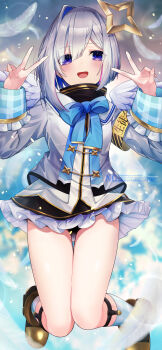 1girl :d absurdres amane_kanata amane_kanata_(1st_costume) angel_wings armband arms_up black_panties black_skirt blue_bow blue_bowtie blue_eyes blue_hair blue_socks bow bowtie brown_shoes colored_inner_hair double_v feathered_wings frilled_skirt frills full_body grey_hair grey_jacket hair_between_eyes halo harii_(janib5kc) highres hololive jacket jumping looking_at_viewer miniskirt multicolored_hair open_mouth panties pantyshot pink_hair plaid_clothes plaid_socks shoes short_hair sidelocks single_hair_intake skirt smile socks solo star_halo streaked_hair underwear v virtual_youtuber watermark white_wings wings yellow_armband