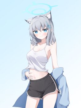 1girl animal_ear_fluff animal_ears armpit_peek bare_shoulders black_shorts blue_archive blue_eyes blue_halo blue_jacket blue_sky blush breasts cleavage cross_hair_ornament hair_ornament halo hand_on_own_stomach jacket medium_hair midriff mismatched_pupils navel nether_nt off-shoulder_jacket off_shoulder shiroko_(blue_archive) shirt shorts sidelocks sky smile solo tank_top white_hair white_shirt wolf_ears wolf_girl