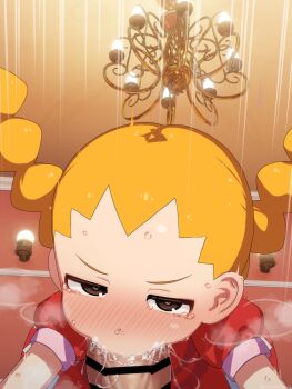 1boy 1girl bar_censor blonde_hair blush braid brown_eyes censored ear_blush fellatio hands_on_another's_head hetero highres irrumatio large_variant_set loli looking_at_viewer mega_man_(series) mega_man_battle_network_(series) mizumizuni oral penis saliva solo_focus sweat tears twin_braids variant_set visible_air yai_ayanokoji_(mega_man)