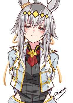 1girl absurdres amaxa animal_ears arms_behind_back black_sweater closed_mouth commentary_request grey_jacket highres horse_ears horse_girl jacket long_hair long_sleeves looking_at_viewer oguri_cap_(cinderella_gray)_(umamusume) oguri_cap_(umamusume) signature simple_background smile solo sweater umamusume umamusume:_cinderella_gray white_background