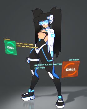 1girl absurdres artist_self-insert black_bodysuit black_hair bodysuit breasts clothing_cutout commentary english_commentary english_text expressionless full_body head-mounted_display highres jacket jitome long_hair medium_breasts mishythesheep open_clothes open_jacket original platform_footwear reflective_floor shadow solo thick_thighs thighs twintails underboob white_jacket