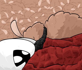Rule 34 | 2girls, 500 dollar four foot tall mareep (meme), 6+others, :3, absurdres, arthropod girl, black skin, blank eyes, chun grandfa, cloak, colored skin, commentary, dress, english commentary, flea (hollow knight), highres, holding, holding bug, hollow knight, hollow knight: silksong, hornet (hollow knight), hug, lace (hollow knight), lying, mask, meme, multiple girls, multiple others, no mouth, red cloak, white eyes, white mask