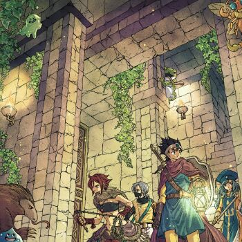 Rule 34 | 2boys, 2girls, anteater, bag, black hair, black mask, black shirt, blue gem, blue hair, blue hat, blue tunic, bodysuit, breasts, brown hair, cloak, dragon quest, dragon quest iii, dungeon, frog, fur scarf, gem, grey fur, grey hair, hair between eyes, hat, hero (dq3), highres, holding, holding lantern, holding staff, holding whip, jewelry, lantern, long hair, mask, medium breasts, midriff, monster wrangler (dq3), mouth mask, multiple boys, multiple girls, navel, necklace, pants, priest (dq3), red cloak, red eyes, shield, shield on back, shirt, short hair, shoulder bag, slime (creature), staff, strapless, thief (dq3), tongue, tongue out, torch, toriga, tube top, tunic, upper body, vest, weapon, weapon on back, yellow bodysuit, yellow pants, yellow shirt, yellow vest