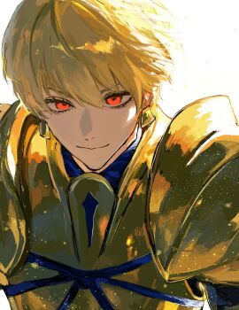 Rule 34 | 1boy, armor, blonde hair, commentary request, earrings, fate/grand order, fate/stay night, fate (series), gilgamesh (fate), highres, jewelry, male focus, op40 r171, red eyes, short hair, simple background, smile, solo, upper body, white background