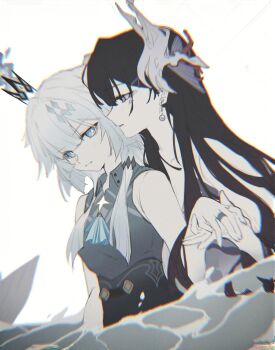 2girls ascot black_hair blue_eyes bright_pupils cerydra_(honkai:_star_rail) chinese_commentary commentary_request crown diamond_(shape) earrings hair_ornament hairclip highres holding_hands honkai:_star_rail honkai_(series) hysilens_(honkai:_star_rail) jewelry long_hair mini_crown multicolored_hair multiple_girls purple_eyes ring scales shan_xu sleeveless streaked_hair water white_hair yuri