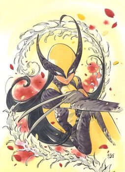 1girl black_hair bodysuit claws cosplay highres leather long_hair looking_at_viewer marvel multicolored_bodysuit peach_momoko solo superhero_costume two-tone_bodysuit water weapon wolverine_(x-men) wolverine_(x-men)_(cosplay) x-23 x-men