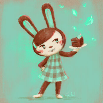 Rule 34 | 1girl, animal crossing, animal crossing: pocket camp, aqua background, artist name, brown hair, cake, carmen (animal crossing), chocolate cake, food, highres, holding, holding plate, nintendo, plate, rabbit, rabbit girl, sketches-yuki