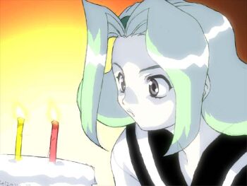 Rule 34 | 1girl, bad id, birthday, birthday cake, black sailor collar, blowing, blowing candle, brown eyes, cake, candle, d (dual! parallel trouble adventure), dual! parallel trouble adventure, fire, food, green hair, medium hair, pale skin, portrait, sailor collar, school uniform, serafuku, shiro nishiki (maze-ex), shirt, solo, white shirt