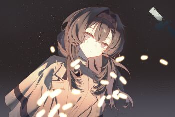 1girl absurdres arknights artist_name black_hair black_hairband chinese_commentary closed_mouth commentary english_commentary expressionless grey_eyes grey_jacket grey_shirt hair_intakes hairband highres jacket light_particles long_hair looking_at_viewer mixed-language_commentary priestess_(arknights) satellite shirt solo star_(sky) turtleneck turtleneck_shirt tyohou upper_body