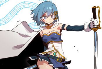 1girl absurdres belt blood blood_on_face blue_eyes blue_hair blue_shirt blue_skirt cape cowboy_shot ebora fortissimo gloves hair_ornament highres holding holding_sword holding_weapon magical_girl mahou_shoujo_madoka_magica mahou_shoujo_madoka_magica_(anime) miki_sayaka miki_sayaka_(magical_girl) miniskirt musical_note musical_note_background musical_note_hair_ornament shirt short_hair skirt smile solo soul_gem strapless strapless_shirt sword weapon white_background white_cape white_gloves